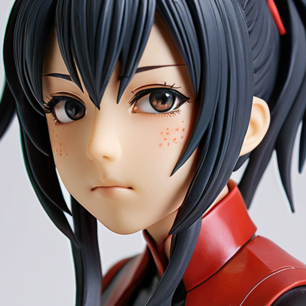 **Detailed Anime Figure Photography:** A close-up studio shot showcasing the intricate details of a modern anime figure. Focus on advanced painting techniques and 3D-printed elements, emphasizing the craftsmanship and emotional value of the character. Use a shallow depth of field to highlight specific features.